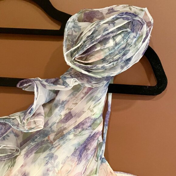 ANEWSTA Women Floral Print One Shoulder Ruffle Trim Petal Hem Evening Gown NWT - Picture 8 of 14